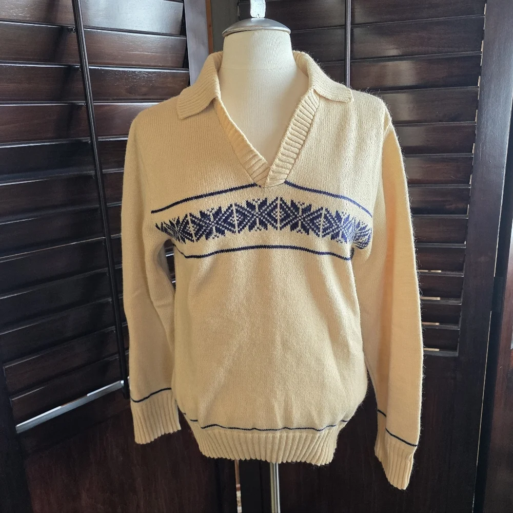 Vintage 70s Brentwood Sportwear Ski Sweater Tan Blue Womens Medium - Picture 6 of 6